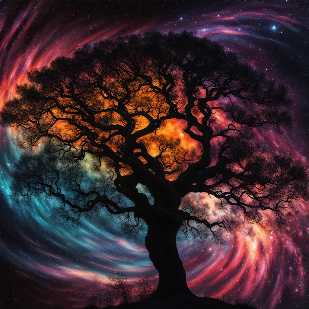 Hyper-Realistic Dark Sunset with Galaxy Tree Silhouette