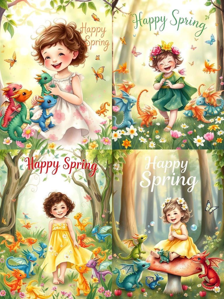 Whimsical Fantasy Scene with Miniature Dragons and Spring Fl...