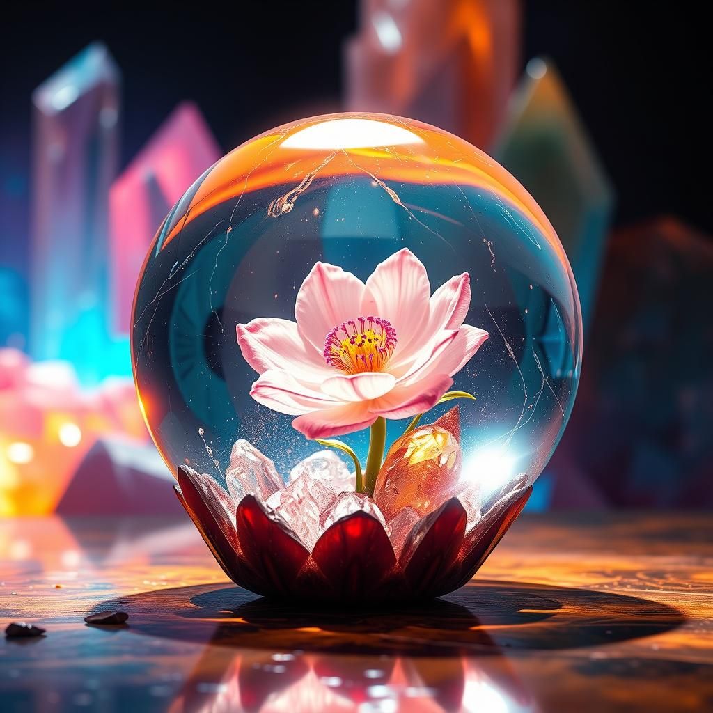 Blooming Flower Encased in Crystalline Orb
