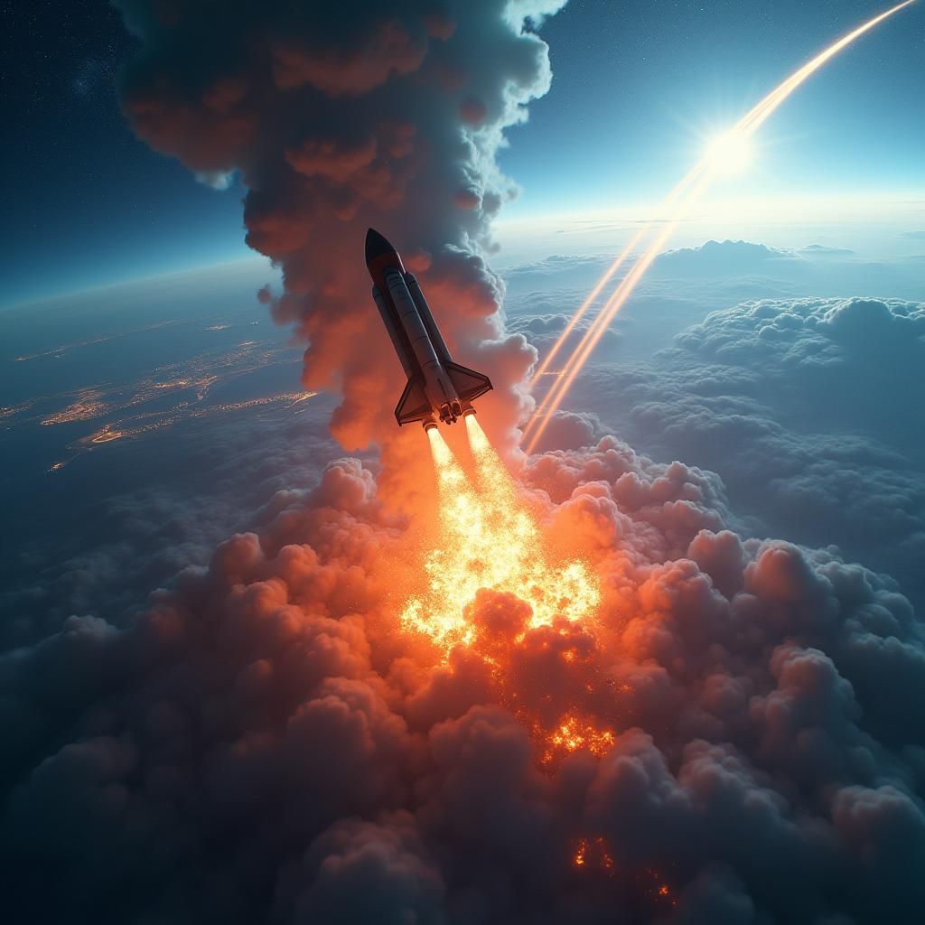 Futuristic Space Shuttle Ascends Amidst Explosion