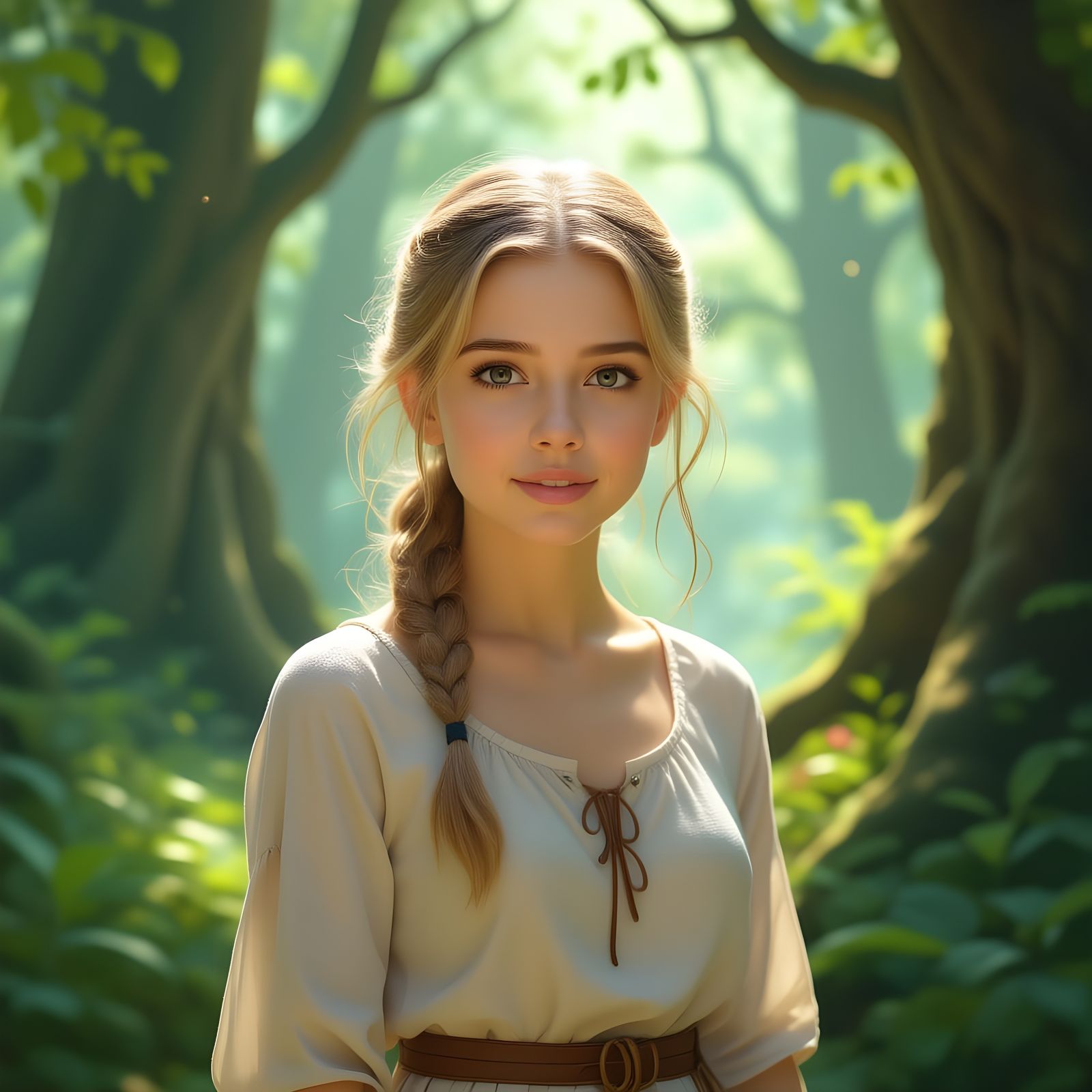 Sophie Foster in Sun-Dappled Forest Clearing