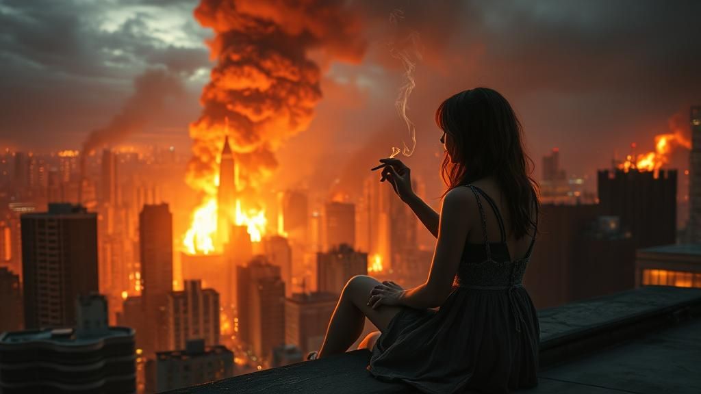 Girls Watch Burning City as Digital Matte Painting