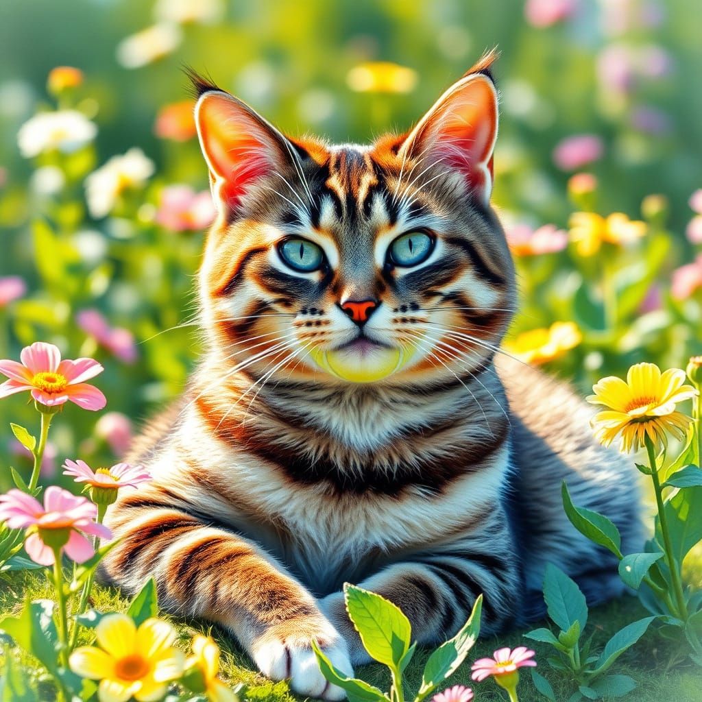 Surrealistic Portrait of a Calm Tabby Cat in a Vibrant Garde...