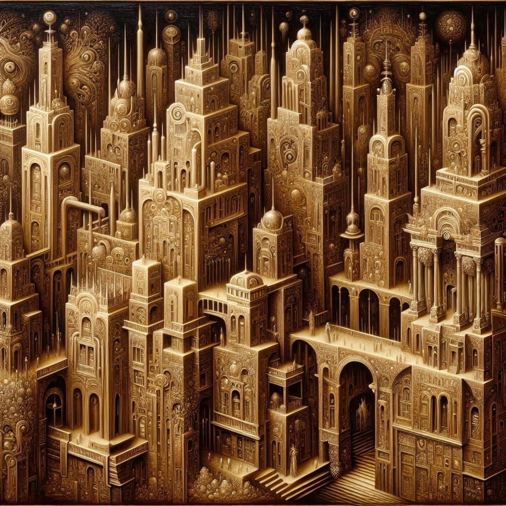 Surreal Cityscape in Bichromatic Brown and Gold