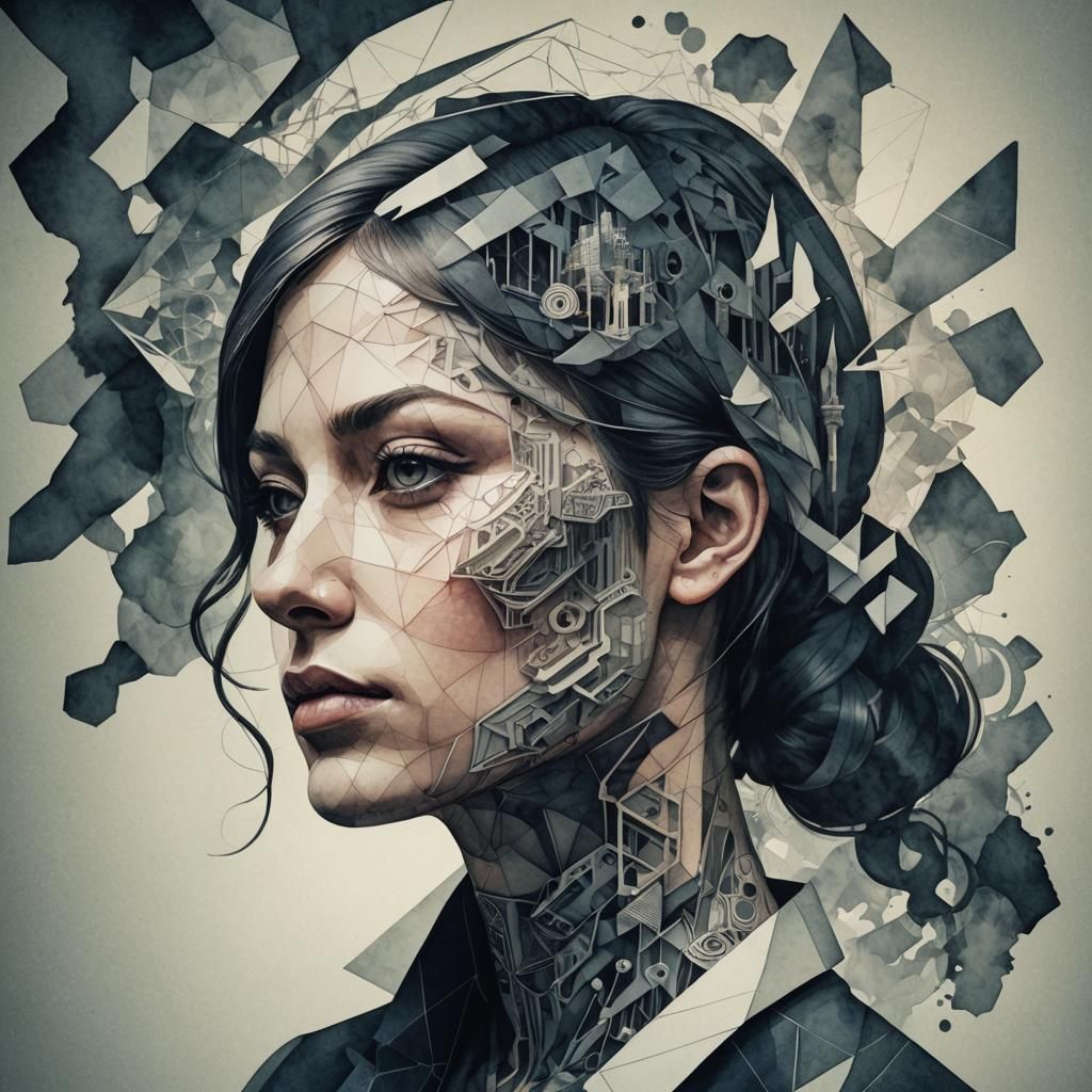 Futuristic Diagrammatic Portrait with Watercolor Elements