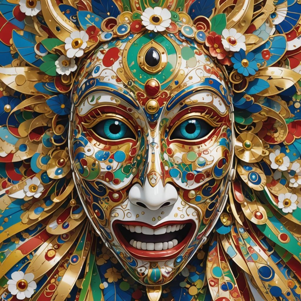 bacolod masskara mask intricate winking eyes; blue green gol...