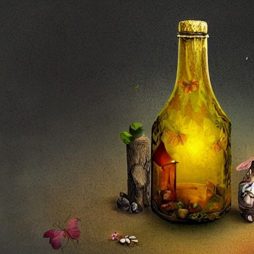 Fairies Trapped in Glass Bottle: Detailed Matte Painting