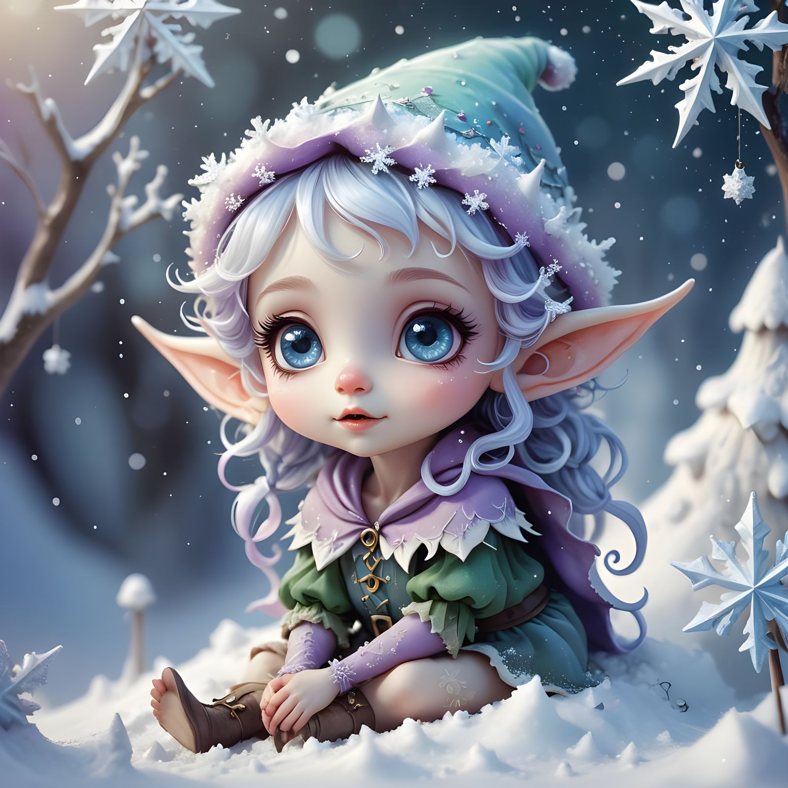 Whimsical Chibi Christmas Elf in Winter Wonderland