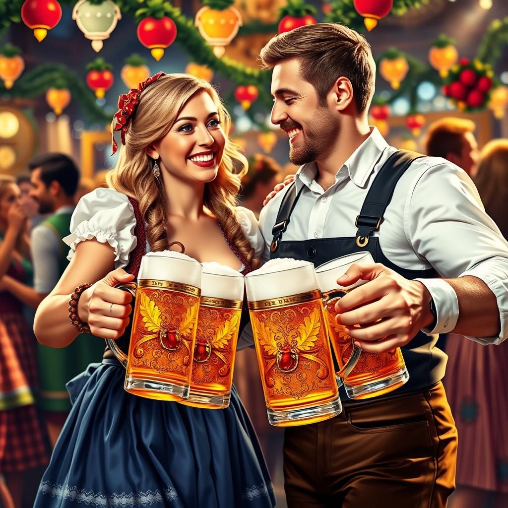 Oktoberfest Celebration with Bavarian Couple and Golden Beer
