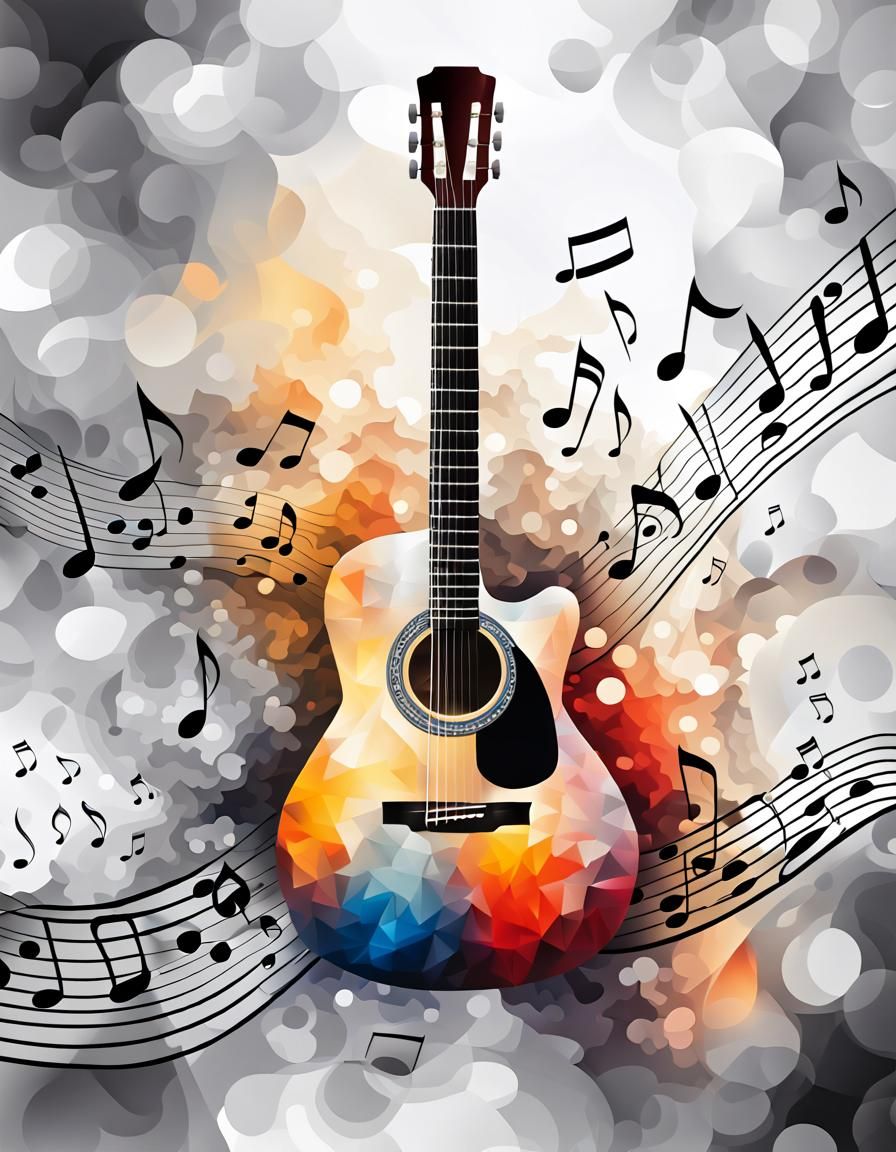 Colorful Guitar over Music Notes in Abstract Oil Painting