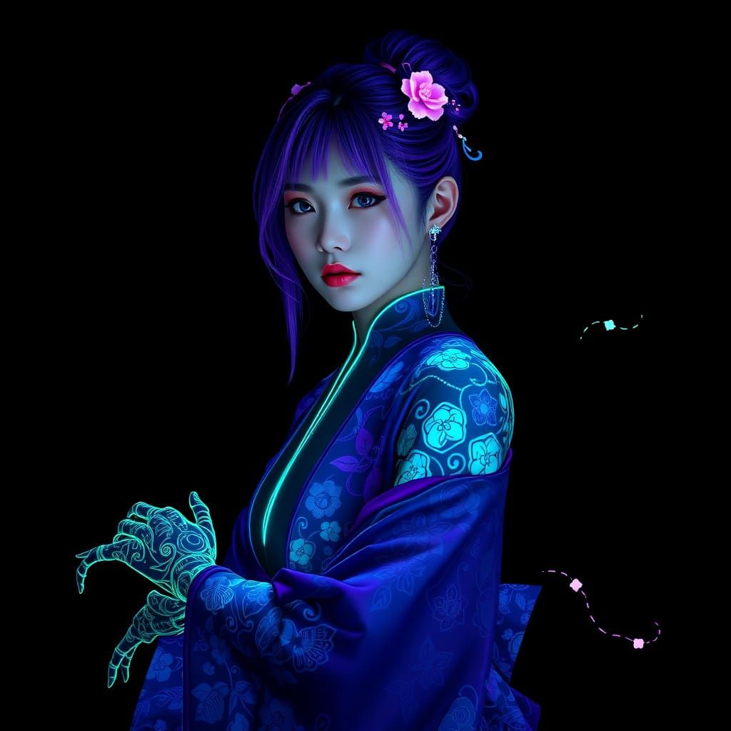 Enchanting, Cyberpunk Goddess in Bioluminescent Armor
