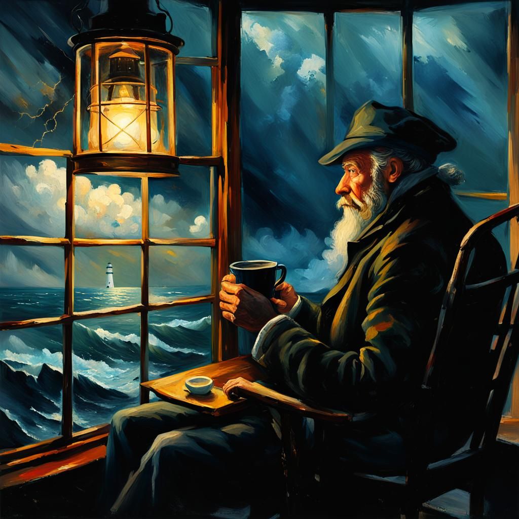 Romantic Seascape with Lighthouse Keeper