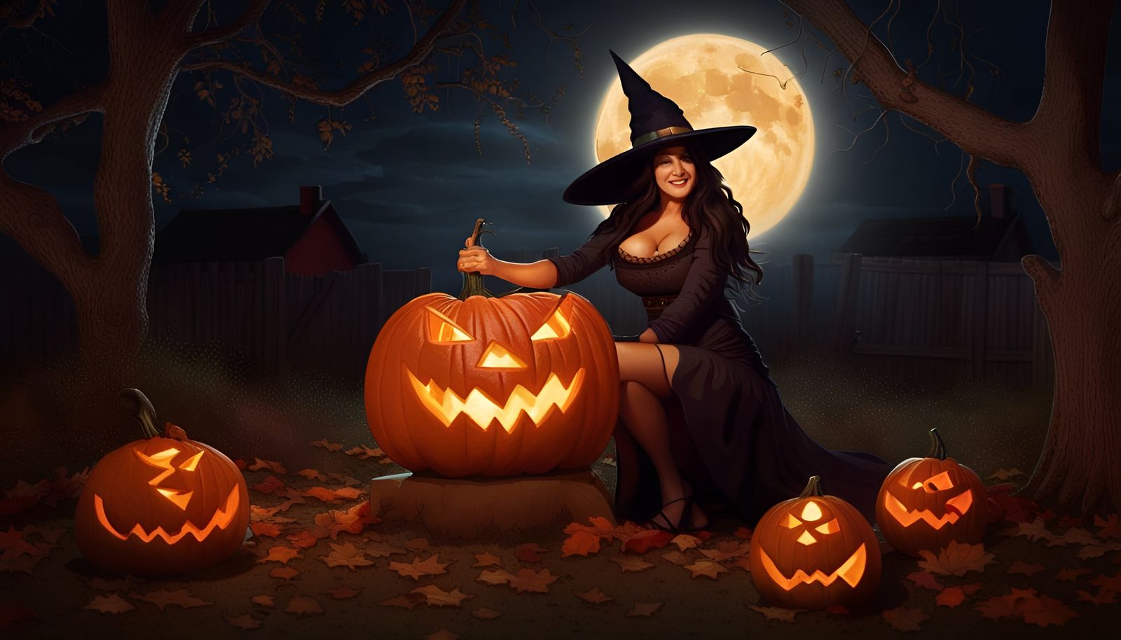 Witch Carving Jack-O-Lantern Under Full Moon