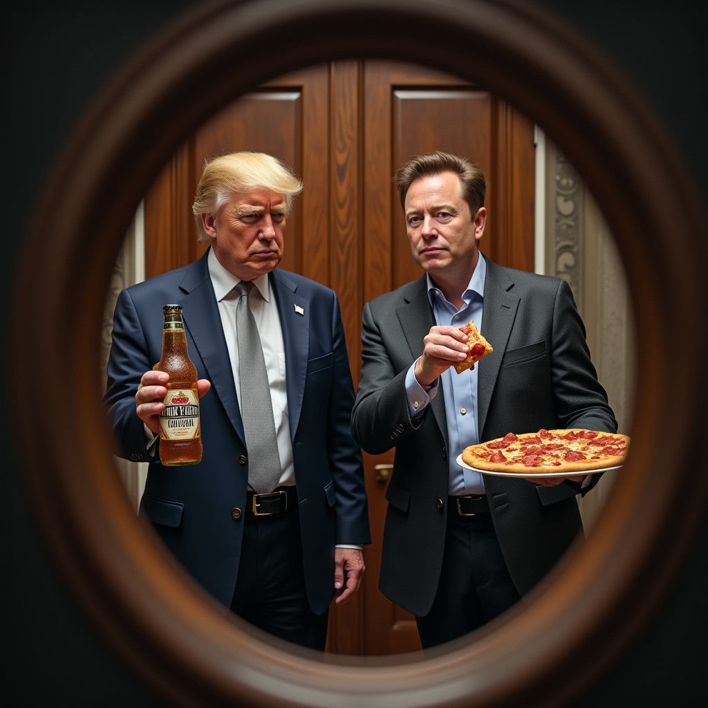 A view through the peephole shows Donald Trump and Elon Musk...