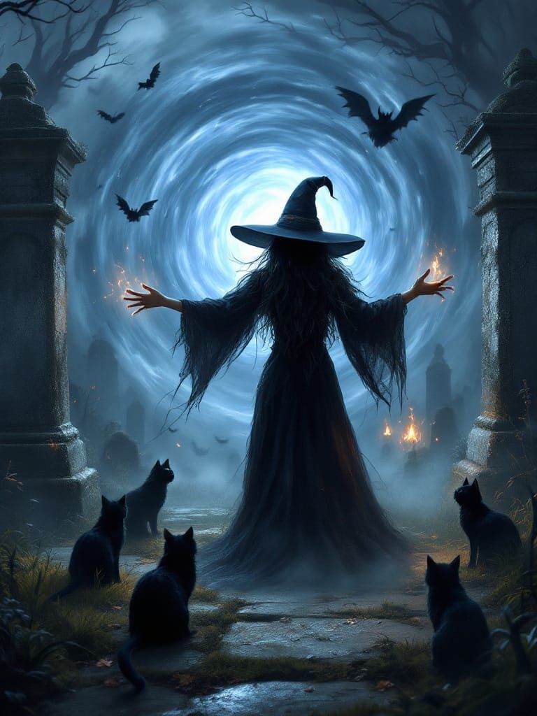 Halloween Witch Casts Spell in Cemetery