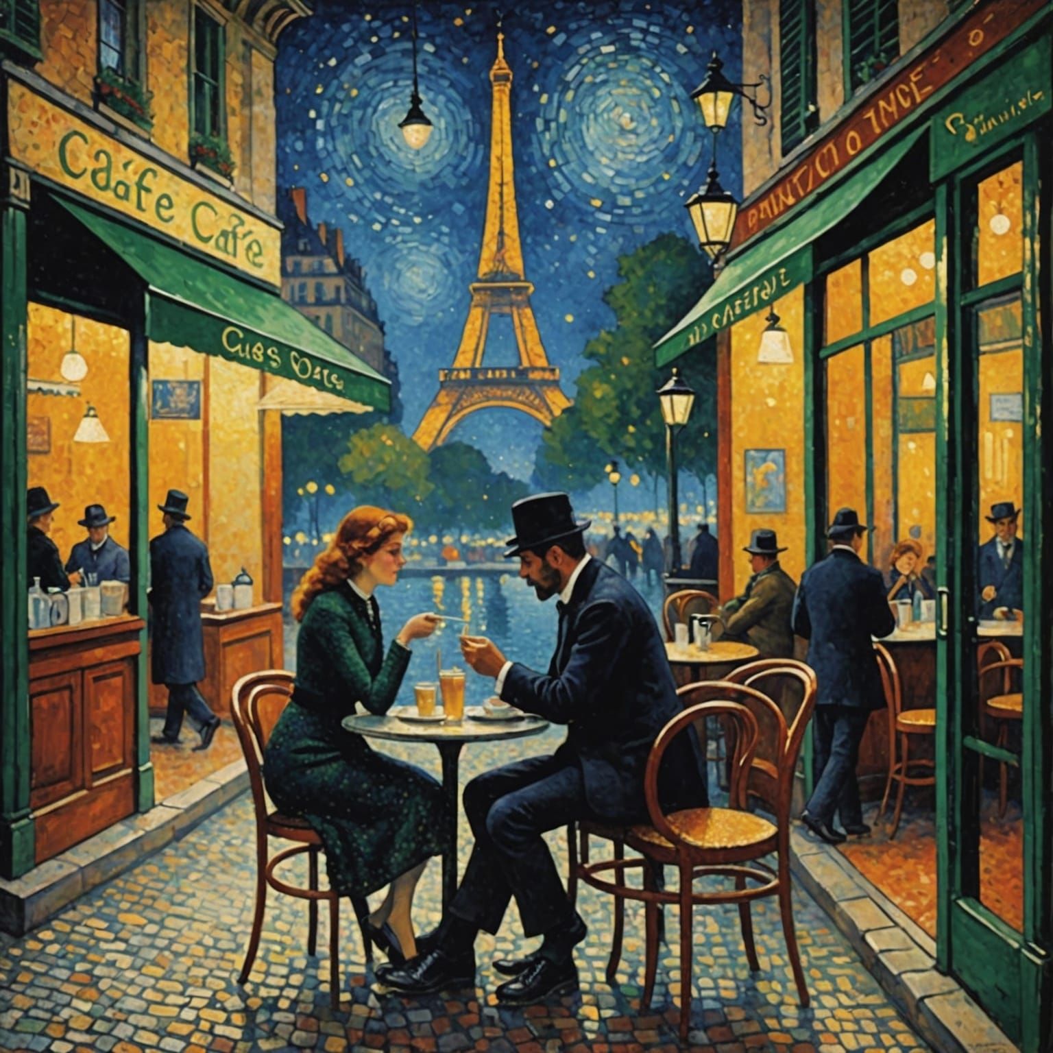 Parisian Cafe Couple in Pointillism Style