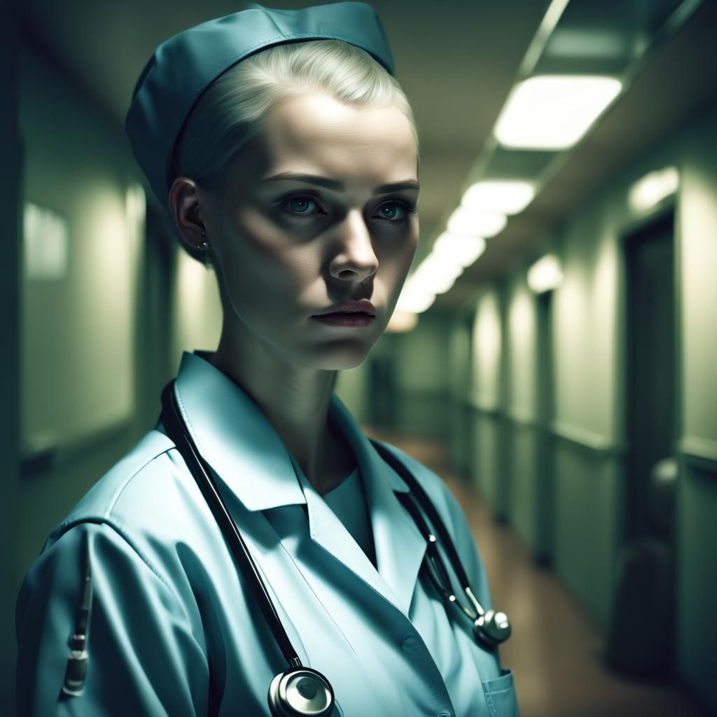 Sad Nurse in Dim Corridor: Digital Matte Painting