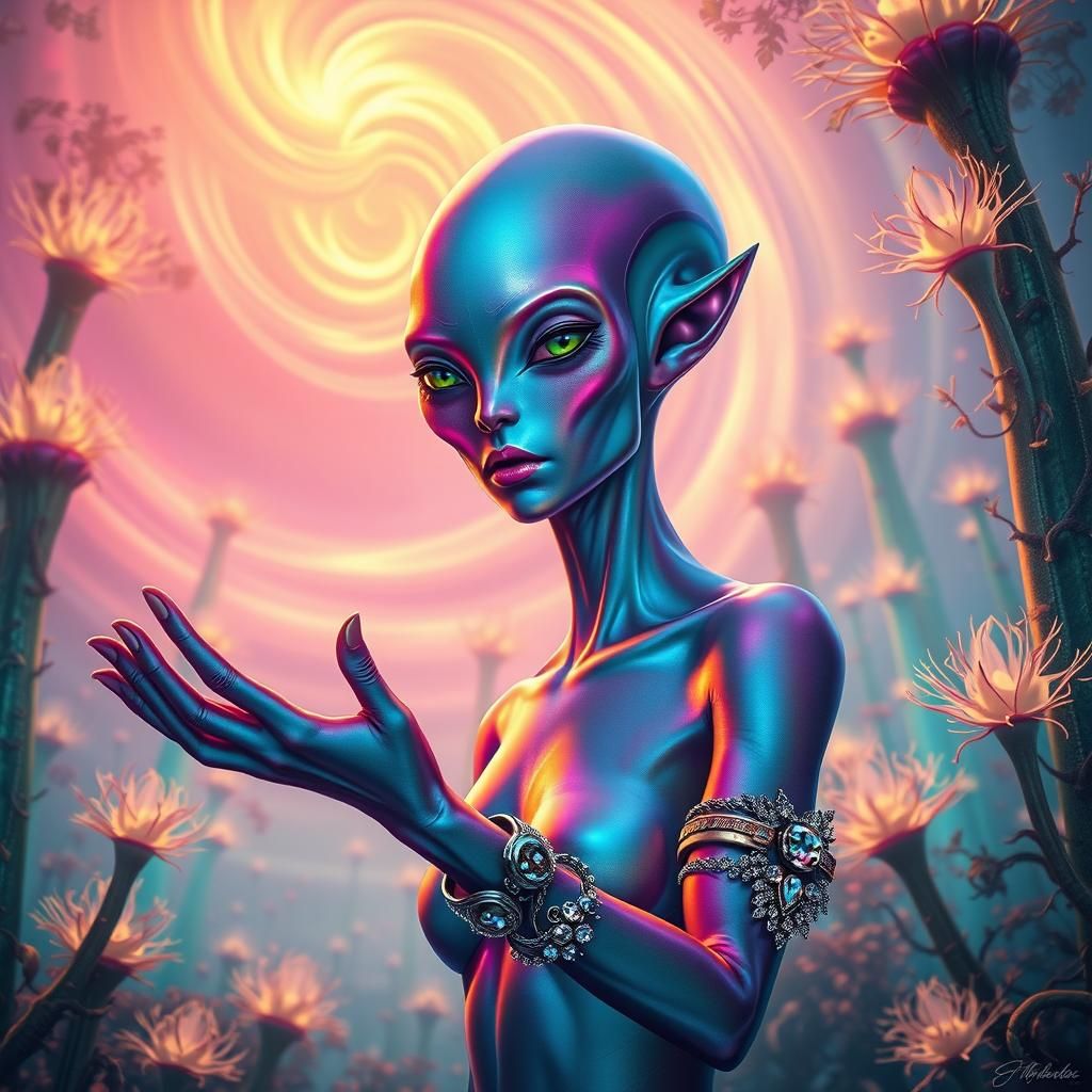 Iridescent Alien in Bioluminescent Sci-Fi Landscape