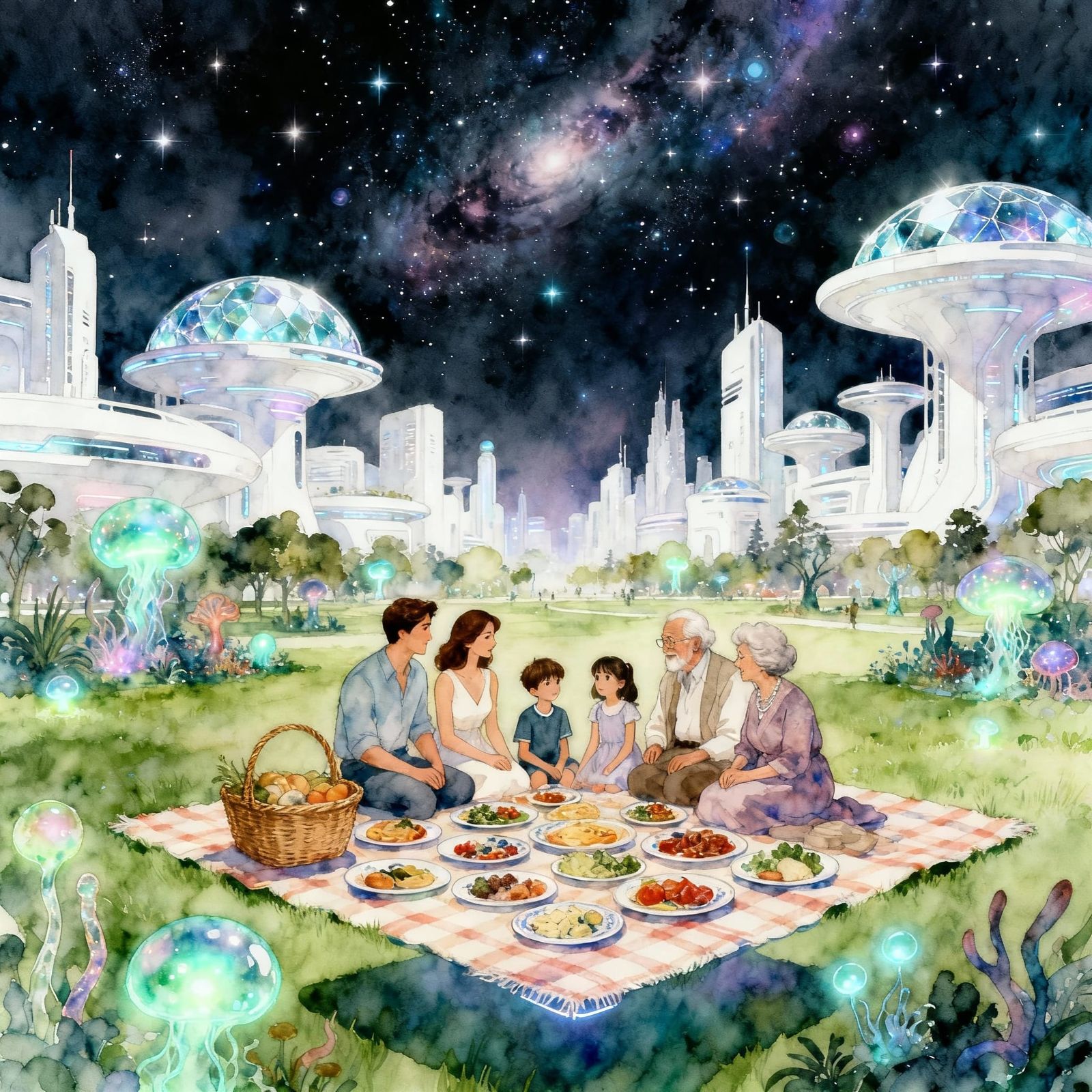 Futuristic Family Picnic in Bioluminescent City Park