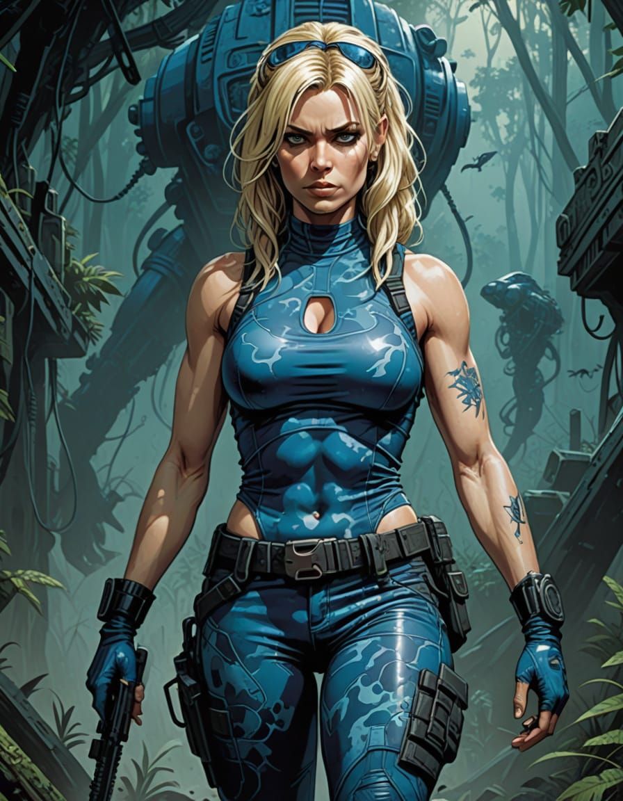 Grim Dark Goddess in Camouflage Gear Near Ancient Pyramid