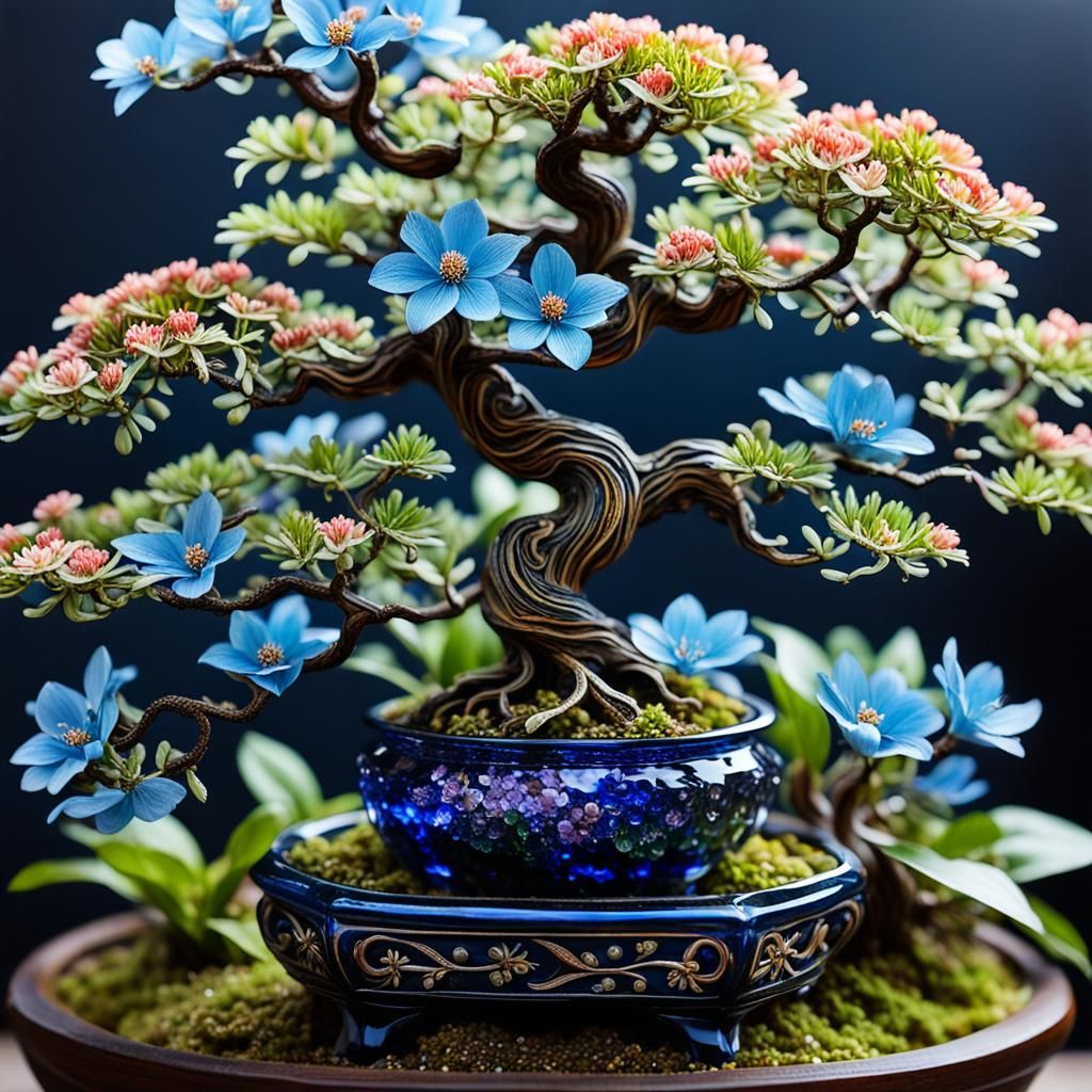 Ornate Blue Vase with Summer Flowers and Bonsai