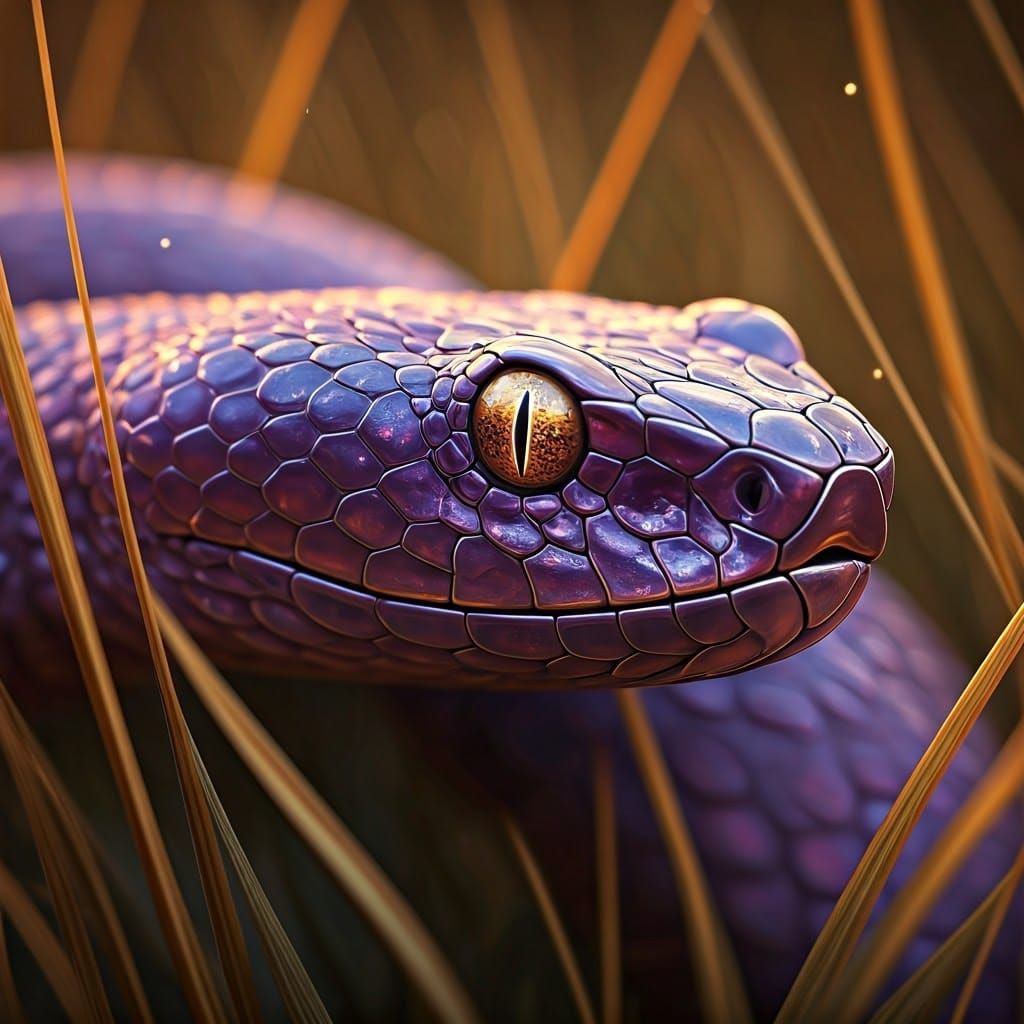 Hyper-Realistic Purple Pit Viper in Golden-Lit Weeds