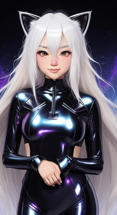 Bashful Asian Girl with Cat Features in Astral Illustration