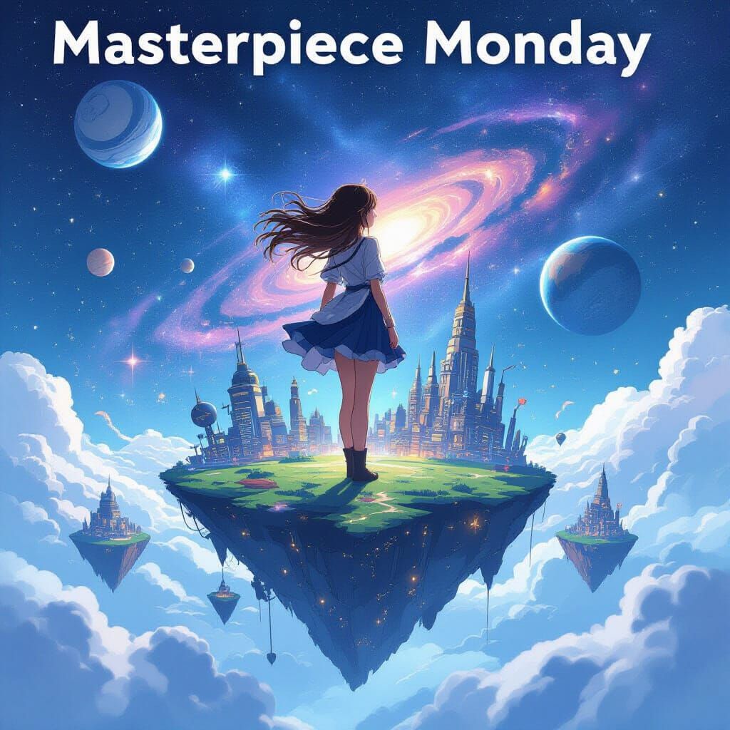 Anime Woman on Floating Island in Cosmic Sea