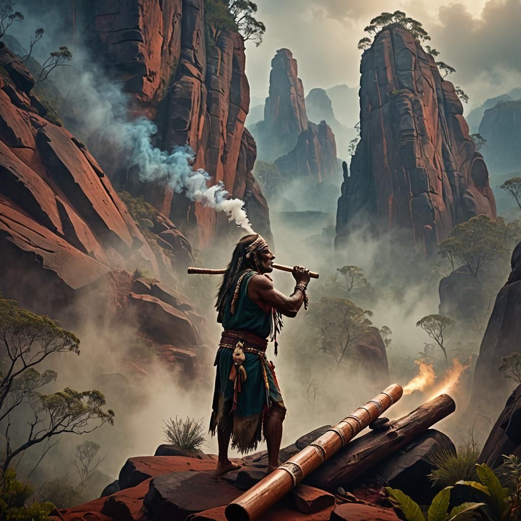 Aboriginal Didgeridoo Player in Misty Landscape