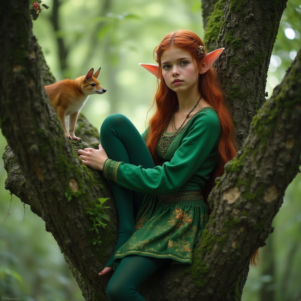 Elven Woman in Tree, Hyper-Realistic Woodland Photo
