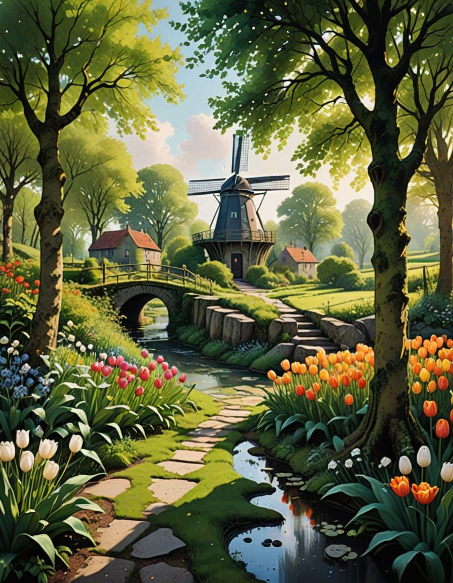 Vibrant Netherlands Springtime Scene in Dreamlike Watercolor...