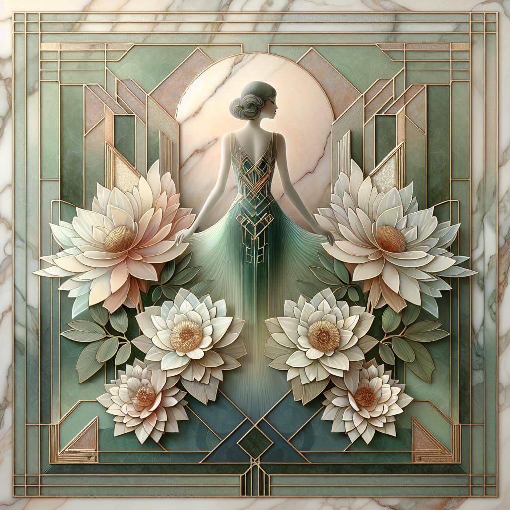 Elegant Art Deco Woman Silhouette with Floral Gown