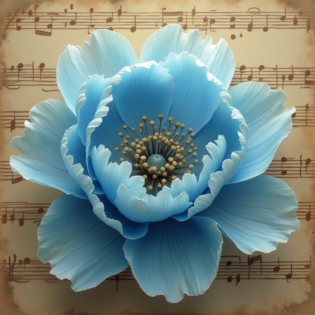 Blue Peony Fantasy Art on Vintage Music Paper