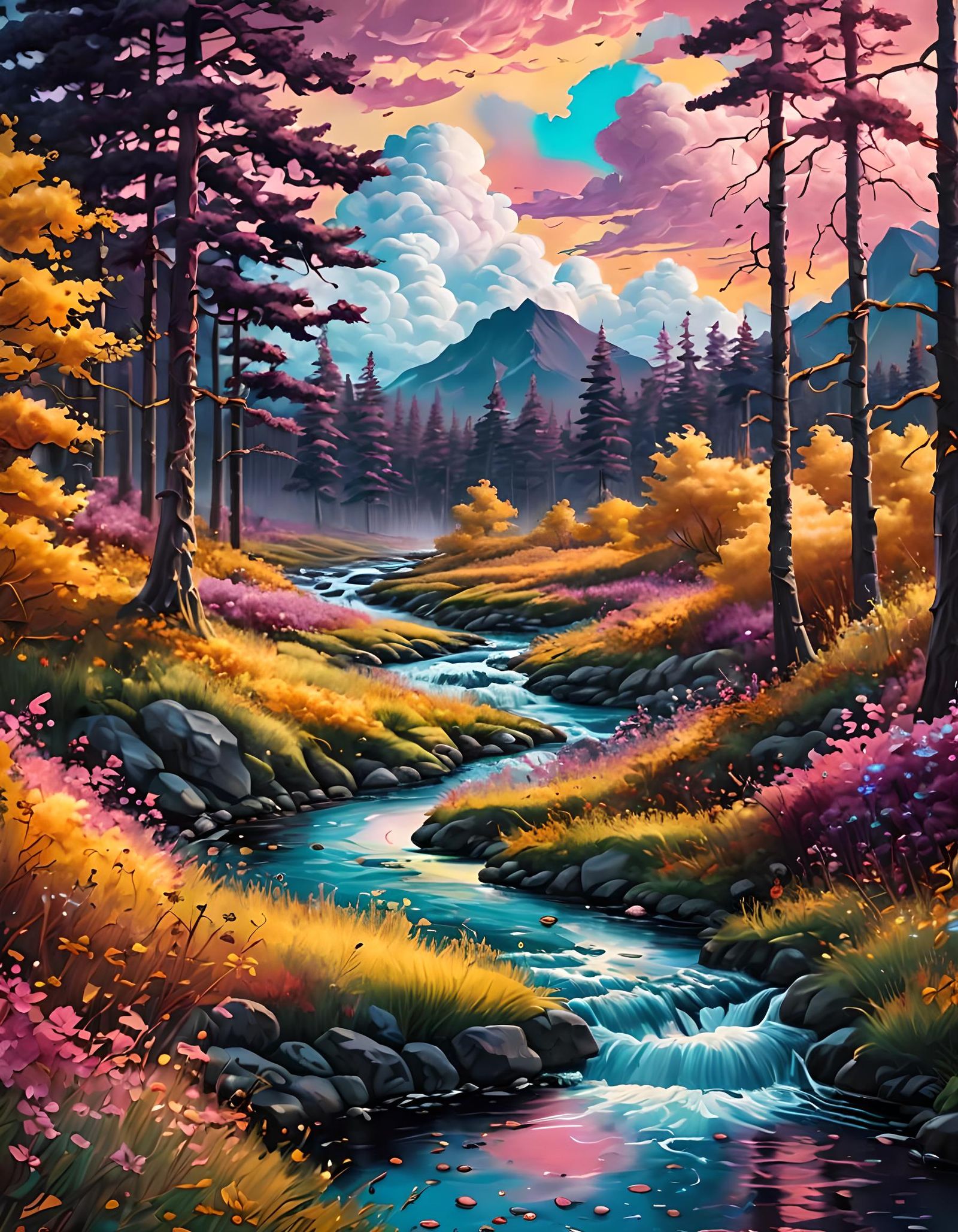 Vaporwave Autumn Landscape in Oil Painting Style