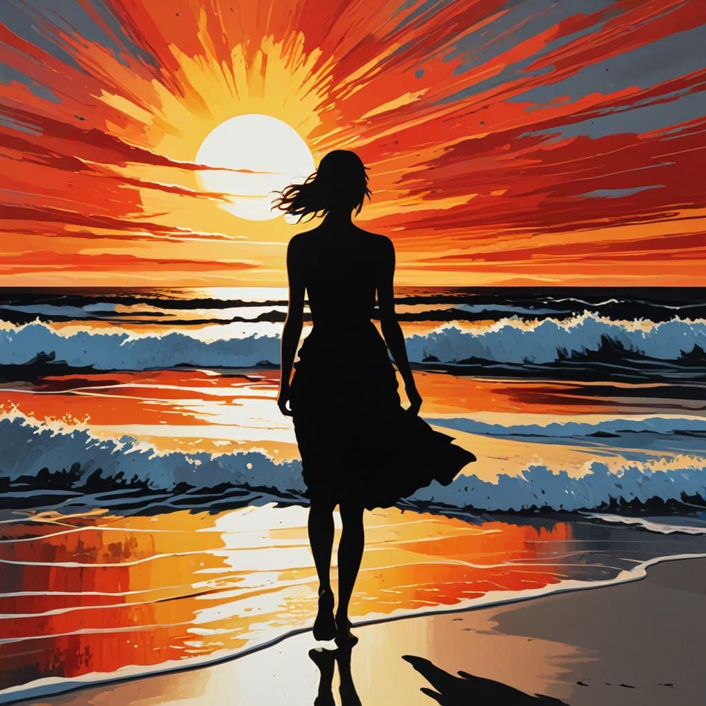 Ethereal Sunset Silhouette Emerges from Ocean Waves