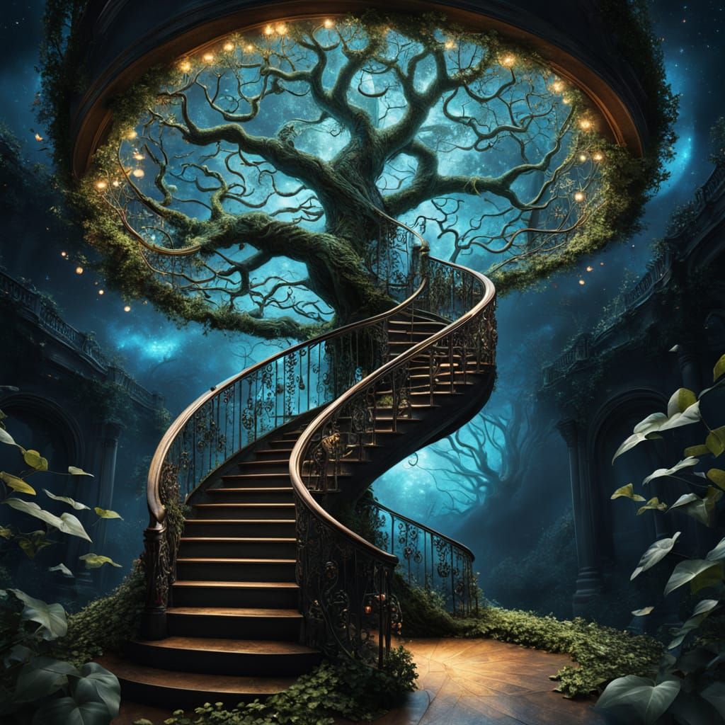 Tree of Life on Bioluminescent Staircase in Nebula