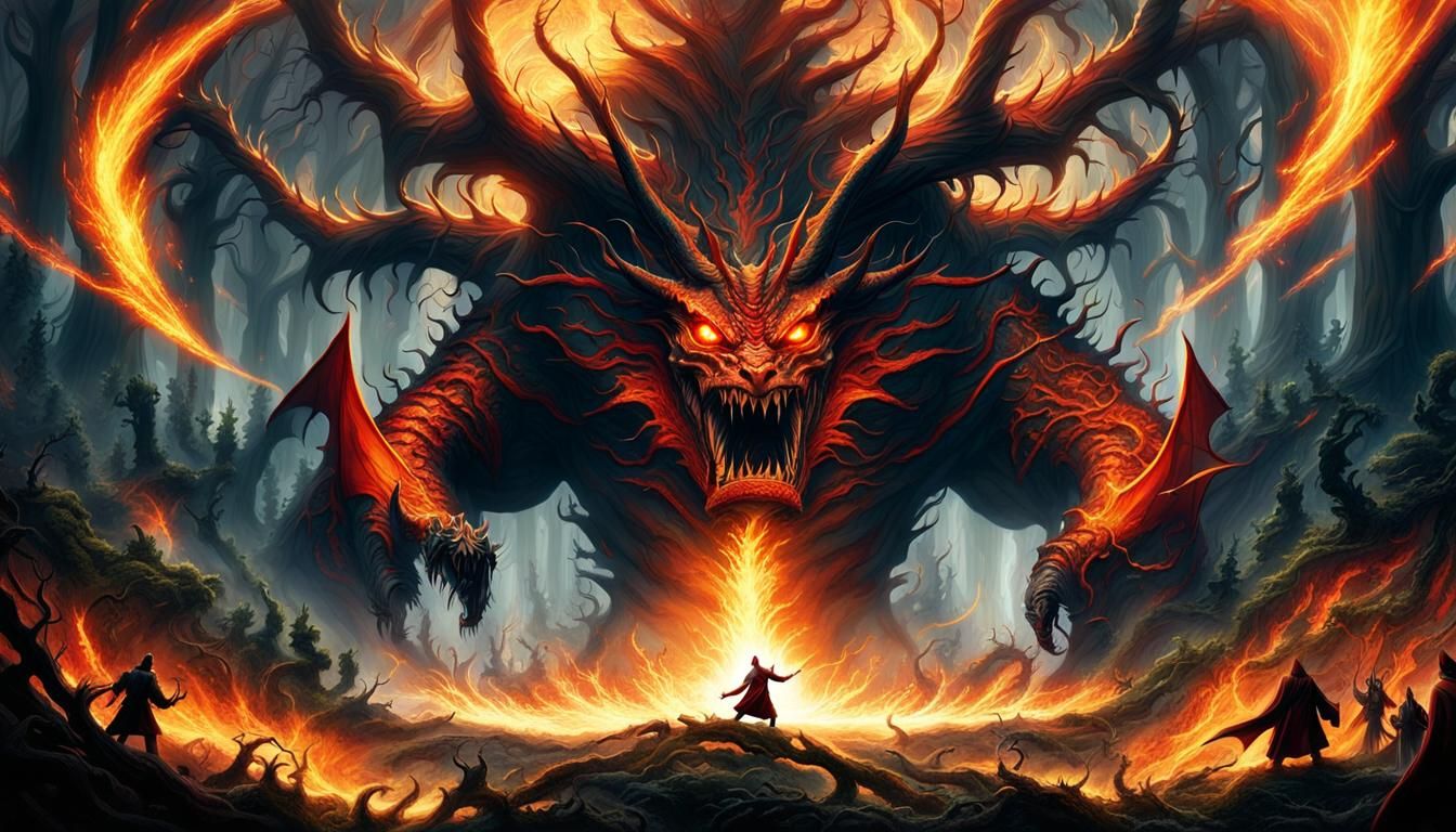Teenage Hero Battles Fiery Dragon Demon in the Dark Fantasy....
