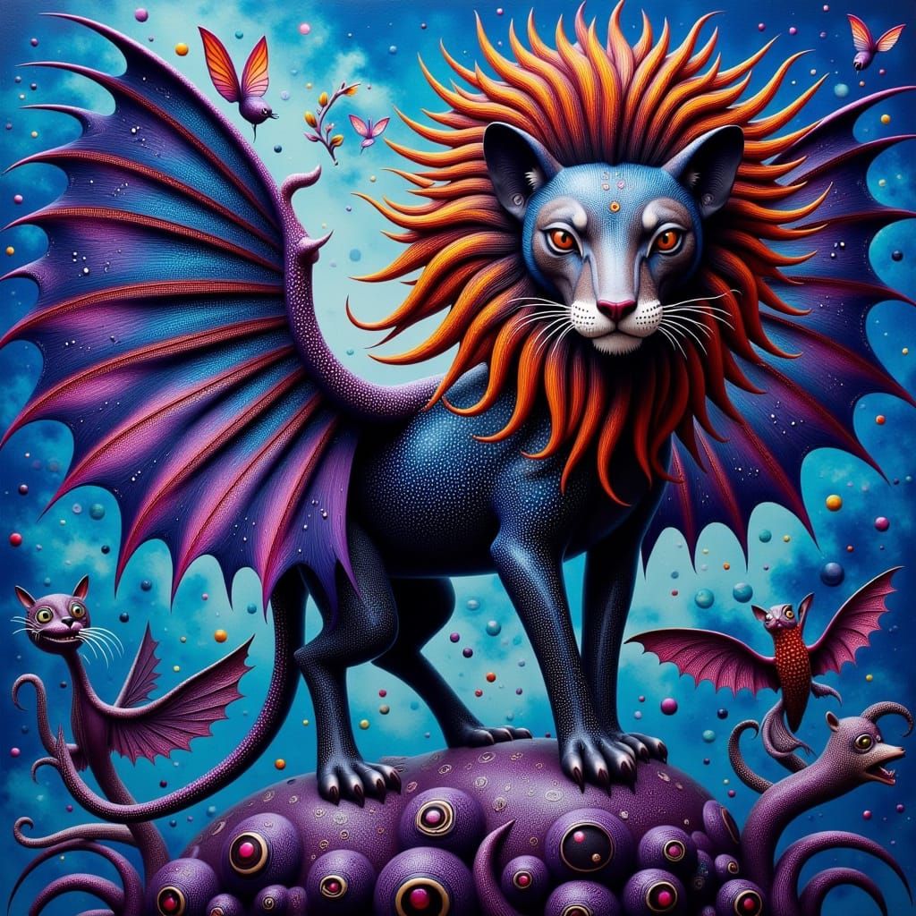 Dreamlike Lion with Bat Wings in Vibrant Ethereal Landscape