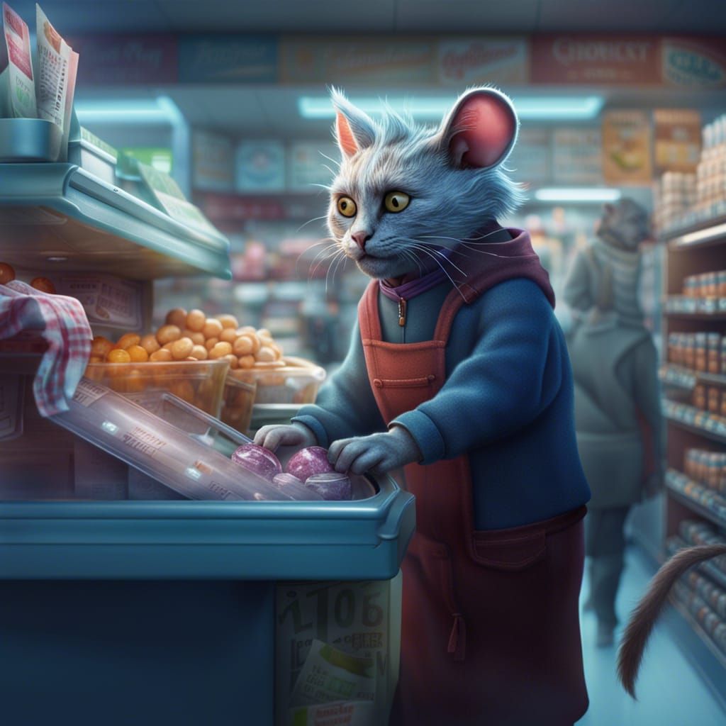 Humanoid Cat Buys Mice: Fantasy Supermarket Scene