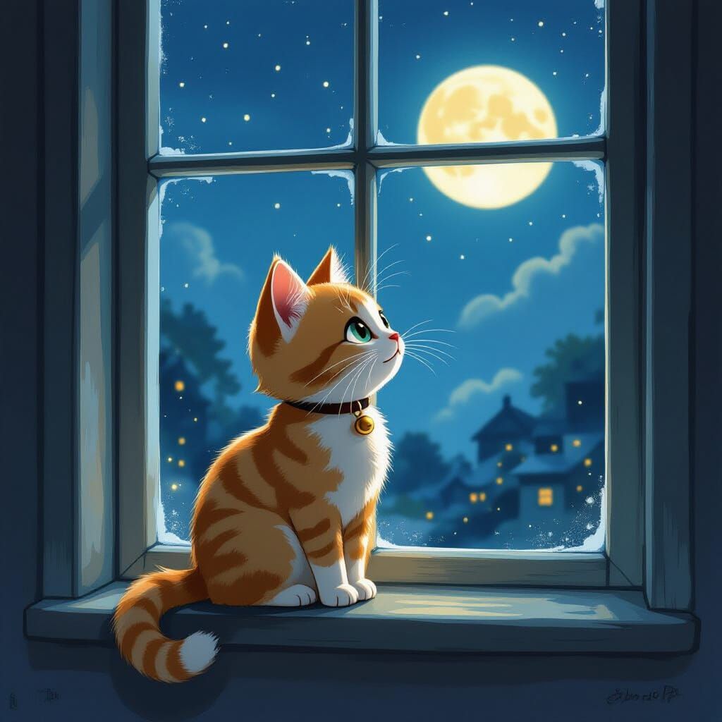 Curious Kitty on Moonlit Windowsill, Whimsical Style