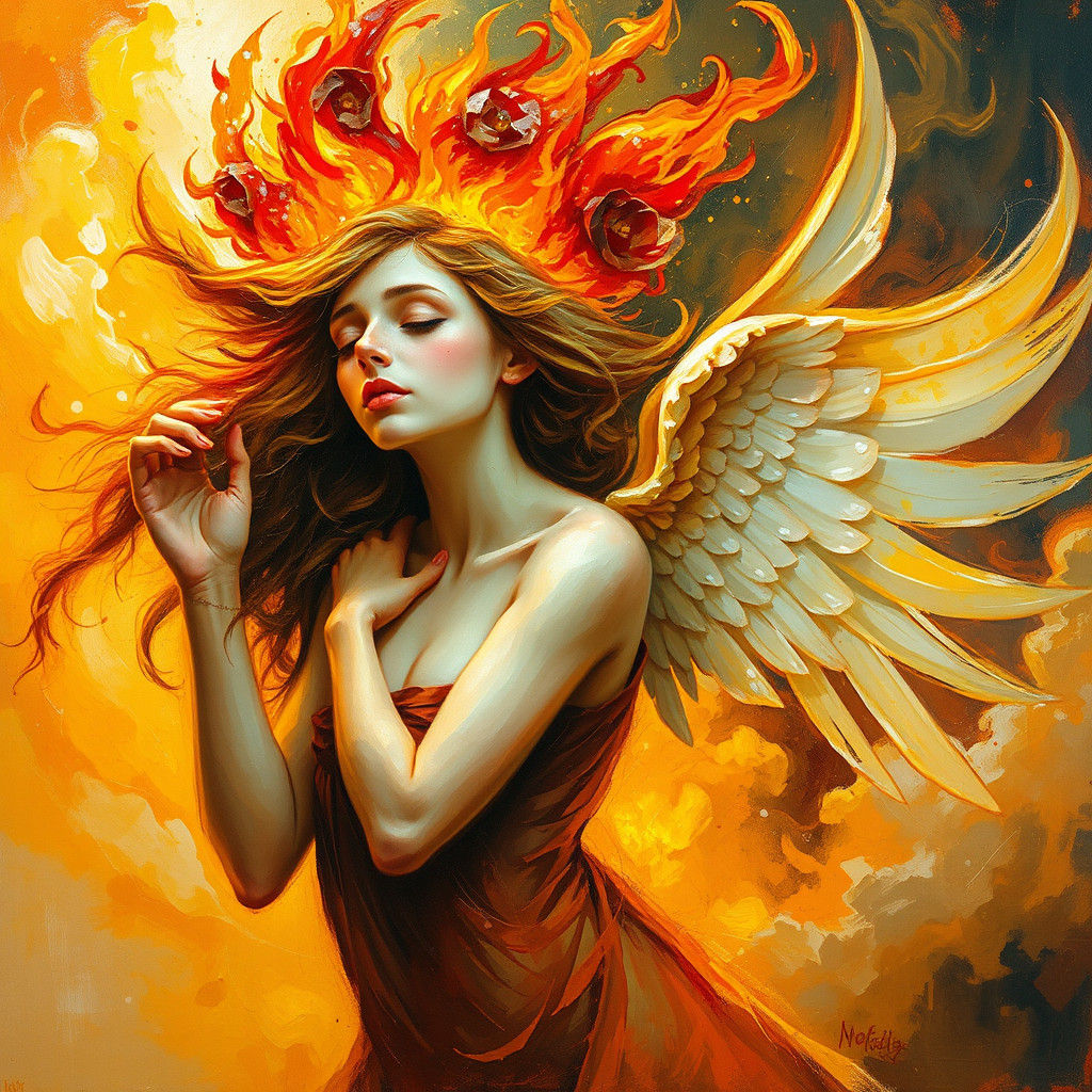 Angel with Fire Crown as Impasto Oil Painting