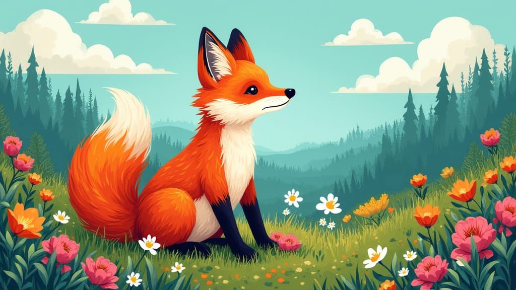 Arctic Fox in Cartoon Tundra, Whimsical Illustration