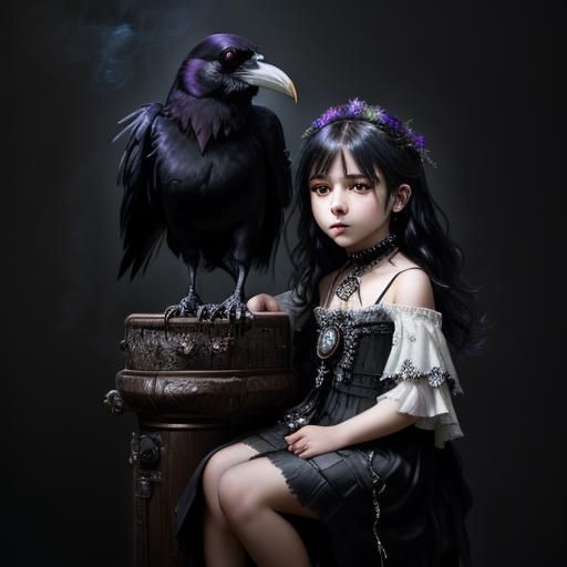 Raven on Punk Child: Moody Whimsical Oil Painting