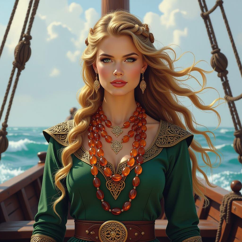 Viking Queen on Ship, Amber Necklaces, Mythical Art