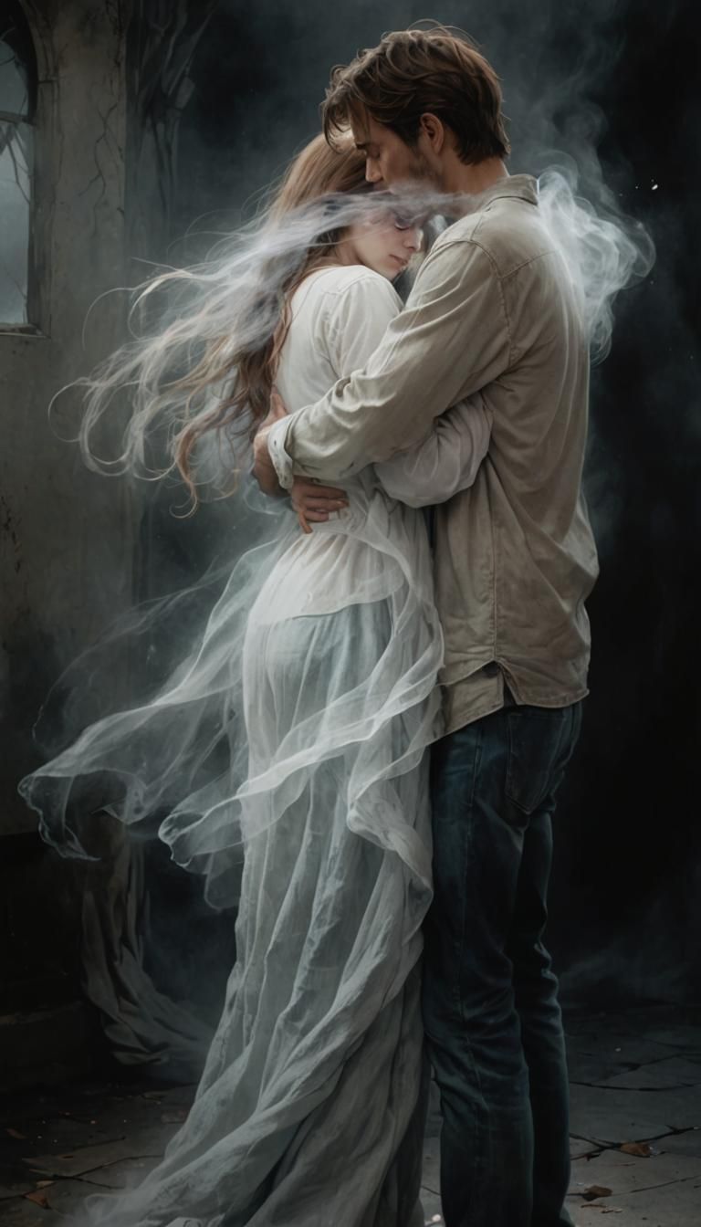 Heartbroken Man Hugs Ghost in Misty Romance Art