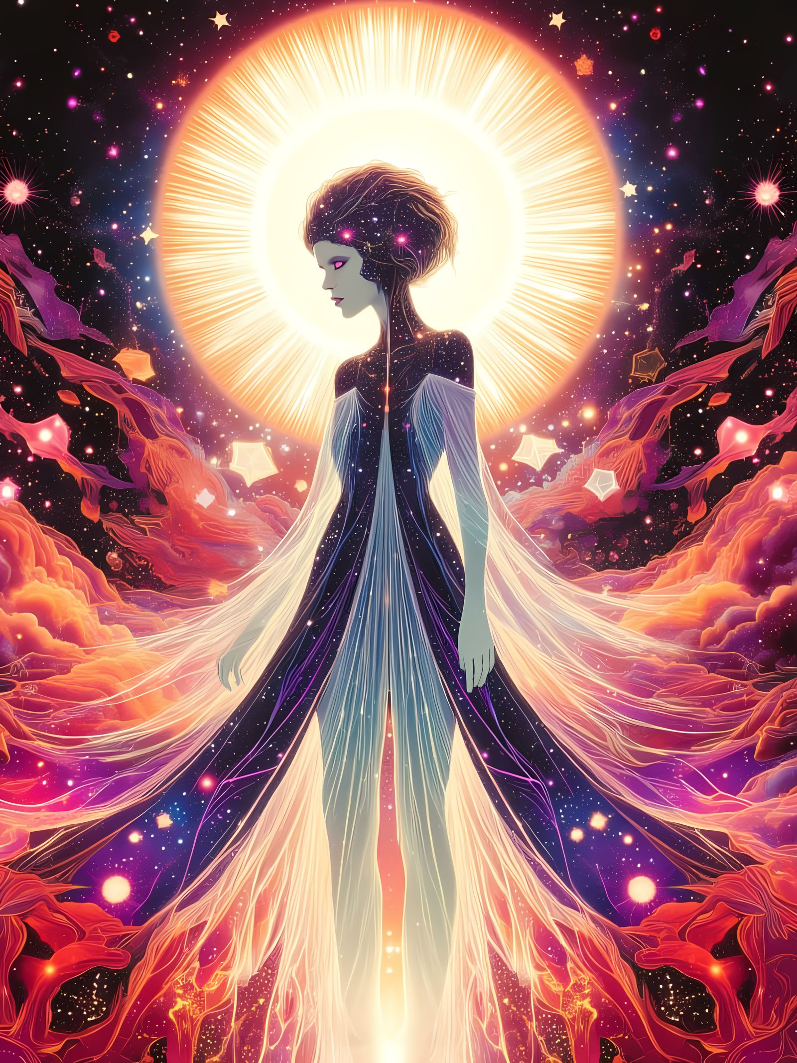 Minimalist Figure in Luminous Void with Spectral Leaves