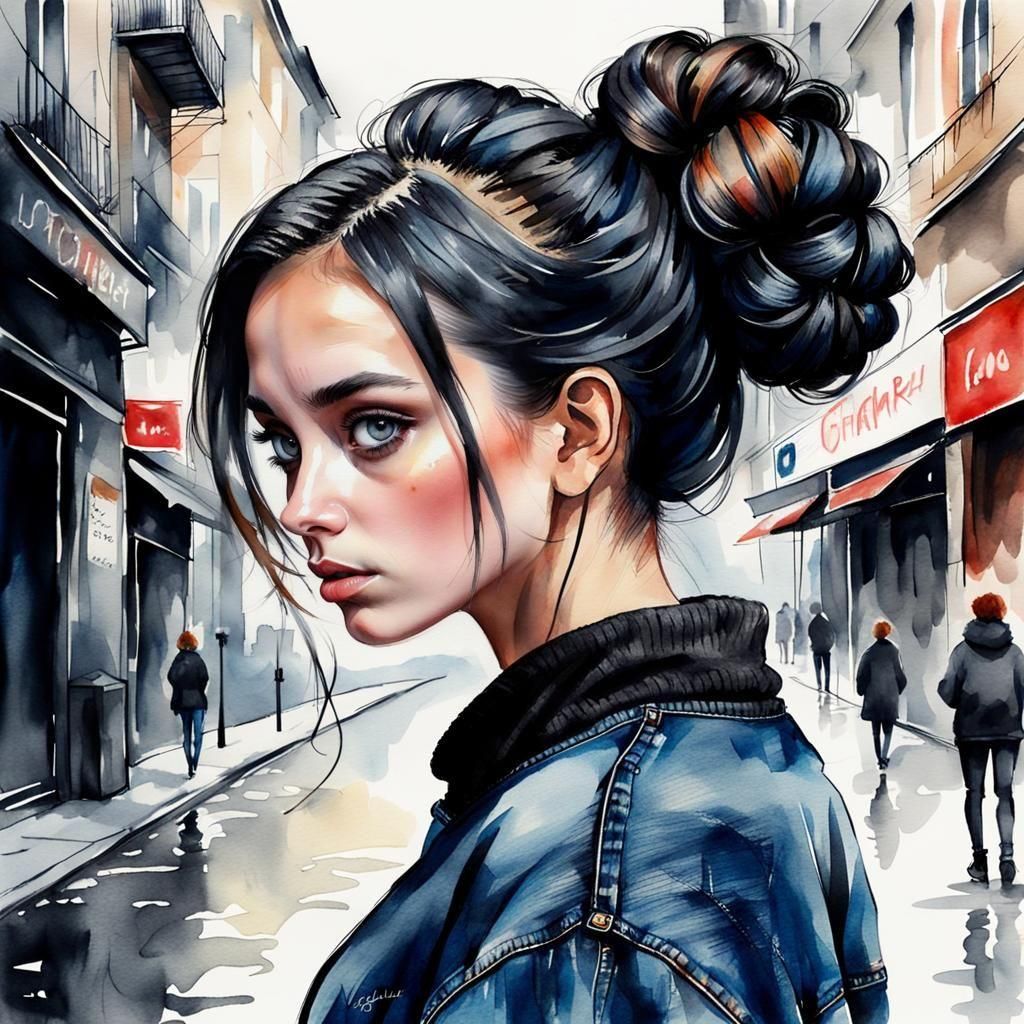 Watercolor Portrait of Woman Strolling City Streets