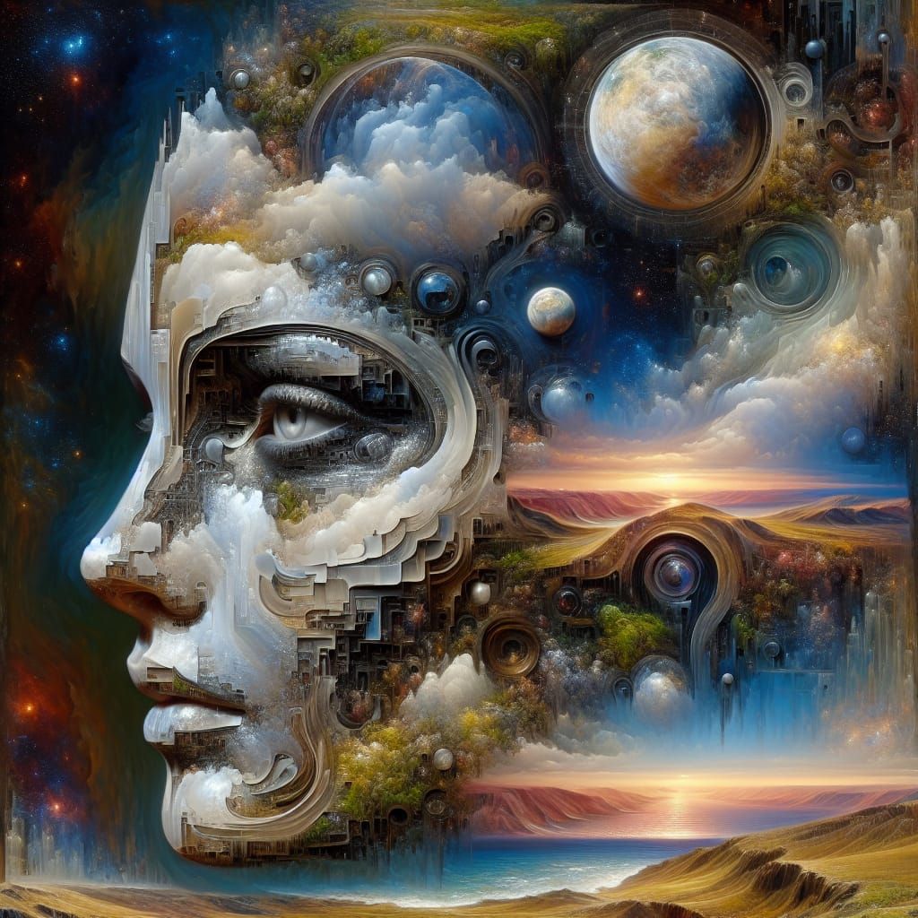 Fractured Feminine Face Reflecting Terrains as Photorealism