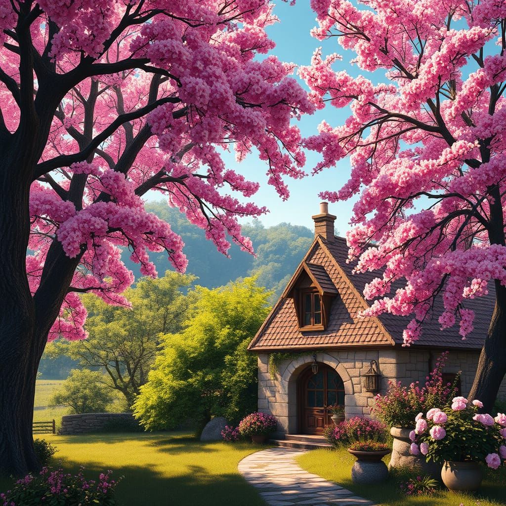 Idyllic Countryside Cottage Amidst Vibrant Blossoms