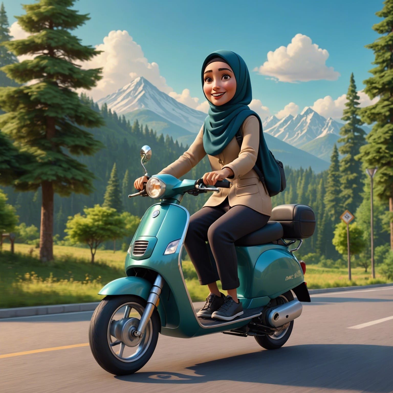 Woman on Scooter in Village, 3D Digital Art